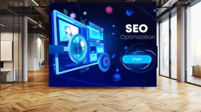 Seo optimization banner, marketing business technology, monitor with data analysis platform on screen, website research, neon glowing futuristic background. Cartoon vector illustration, landing page Wall mural