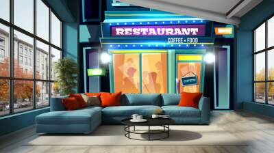 Small restaurant full of visitors at evening time on city street cartoon vector illustration. Local cafeteria, cozy coffee shop or cafe with bright illumination on facade and open plate on entrance Wall mural