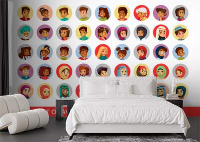 Social network user avatars vector cartoon illustration of people and children different nationality. Set of black Afro-american woman and Arabian man, Asian girl and Indian boy for profile account Wall mural