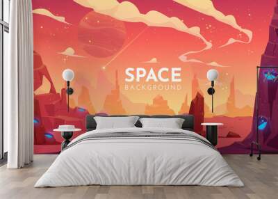 Space background, alien fantasy landscape with rocks and craters with blue liquid inside, orange planet empty surface, cloudy sky and falling comet, computer game backdrop, cartoon vector illustration Wall mural