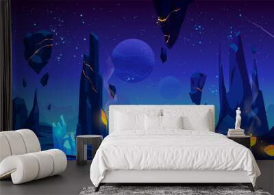 Space background, neon night alien fantasy landscape with flying rocks, crystals, falling meteor in dark starry sky, extraterrestrial craters full of glowing liquid lava, Cartoon vector illustration Wall mural