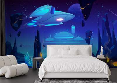 Spaceship, interstellar station hover above alien planet surface, neon space background with flying rocks, dark starry sky, fantasy extraterrestrial landscape with craters. Cartoon vector illustration Wall mural