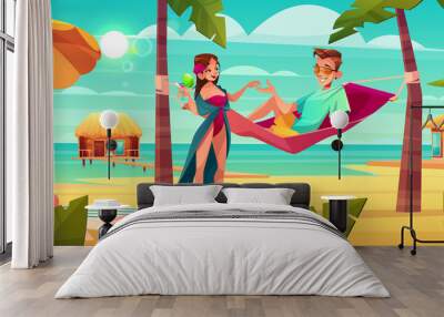 Summer vacation on tropical resort cartoon vector. Happy young man lying and resting in hammock between palms on seashore, flirting with beautiful woman on beach illustration. Couple honeymoon concept Wall mural