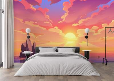 Sunset or sunrise in ocean, nature landscape background, pink clouds flying in sky to shining sun above sea with rocks sticking up of water surface. Evening or morning view Cartoon vector illustration Wall mural