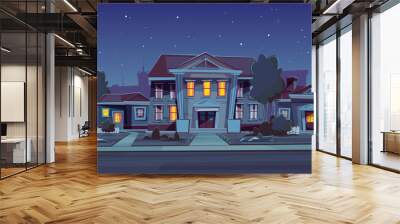 Vector night background with rental of house, estate. Cartoon illustration of cottage rent, sell. Facade of a private building with an empty plate. Exterior with urban construction, sidewalk and road Wall mural