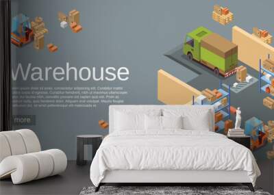 warehouse isometric 3d vector illustration of logistics transport and delivery vehicles. isometric w Wall mural