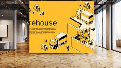 warehouse logistics and shipment vector illustration in isometric black thin line art on yellow half Wall mural