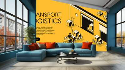 Warehouse transport logistics vector illustration of storehouse worker on loader truck pallet with parcels and boxes for delivery shipping. Isometric black thin line art on yellow halftone background Wall mural