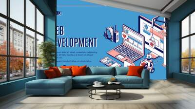 Web development, website construction landing page on retro colored background, building crane, forklift, robot put media icons on pc, laptop and smartphone screen. Isometric 3d vector line art banner Wall mural