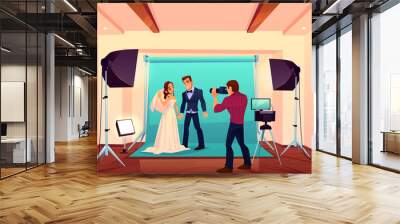 Wedding studio photo shoot with bride and groom posing on backstage with light and professional equipment. Photographer take shots of young bridal couple for family album. Cartoon vector illustration Wall mural