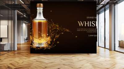 Whiskey bottle mockup. Closed glass blank flask with strong alcohol drink mock up stand on dark background with liquid splashes and drops, advertising promo ad banner, Realistic 3d vector illustration Wall mural