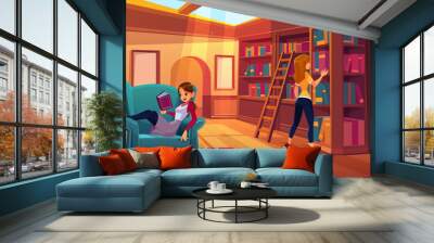 Women in library reading and searching books. Young girls spend time in athenaeum room with bookshelves, ladder, cozy armchair and glass window on roof, literature storage. Cartoon vector illustration Wall mural