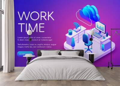 Work and cloud internet vector illustration of smart office or workplace with router connection. Cloud and wireless technology communication in computer or smartphone on purple ultra violet background Wall mural