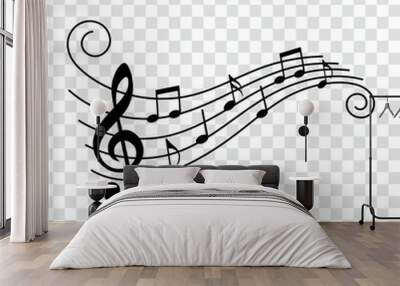 Music notes, black musical symbols on stave with swirls, isolated vector illustration. Wall mural