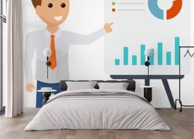 
A financer avatar standing on a presentation board illustrating business evaluation via bar graph. 
 Wall mural