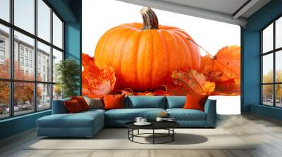 Pumpkin with autumn leaves, Thanksgiving, seasonal decoration, fall harvest, festive centerpiece, png file, isolated on white Wall mural