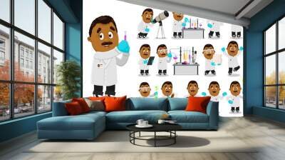 Big vector cartoon set with scientist in lab coat in different situations. Wall mural