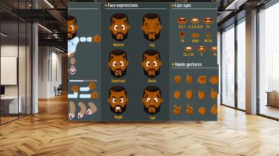 Cartoon afro-american man constructor for animation. Parts of body: legs, arms, face emotions, hands gestures, lips sync. Full length, front, three quarter view. Set of ready to use poses, objects Wall mural