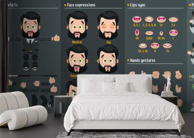 Cartoon brunet bearded man constructor for animation. Parts of body: legs, arms, face emotions, hands gestures, lips sync. Full length, front, three quater view. Set of ready to use poses, objects. Wall mural