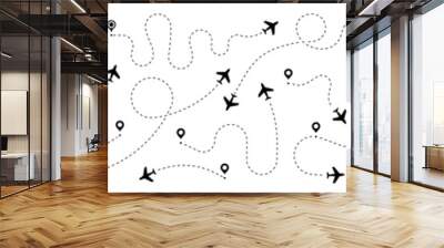 airplane routes set. plane route line. planes dotted flight pathway. plane paths. aircraft tracking, Wall mural