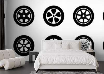 Black rubber wheel tire set. Wheel tires. Car tire tread tracks, motorcycle racing wheels and dirty tires track. Tyres road maintenance vector automobile. Auto wheel tyre. Vector illustration Wall mural