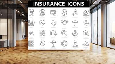 Insurance icon set.Insurance and assurance icon set. Outline icons collection. Vehicle, health insurance, beneficiary, repair, coffin, glasses and more. Simple vector illustration. Wall mural