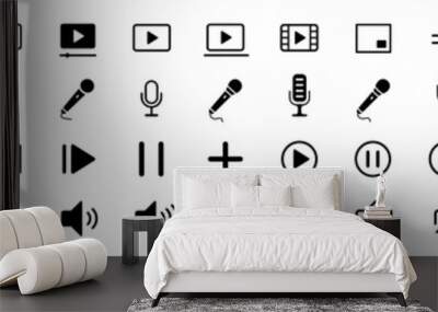 Media player icons set. Volume Collection of multimedia symbols and audio, music speaker volume, interface, design media player buttons. Play, pause, stop. Vector illustration Wall mural