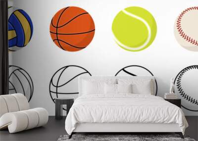 Sports balls icon set. Balls for Football, Volleyball, Basketball, Soccer, Tennis, Baseball. Vector illustration Wall mural