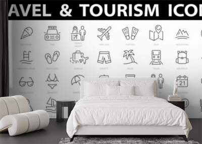 Travel and tourism icon set. Airplane, trip, beach, passport, summer vacations, luggage, camping, hotel. Collection of traveling and tourism elements. Vector illustration. Wall mural