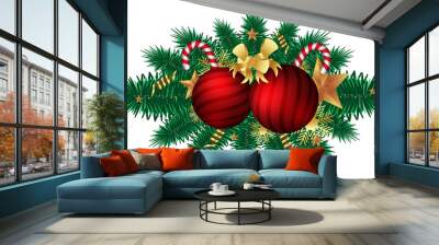 Christmas tree branch with Red balls on transparent bakcground with golden star, snowflakes and Christmas Decoration transparent background Wall mural