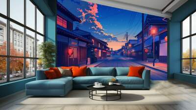 Japanese empty street view at night. Lofi anime cartoonish art style background . Soft clouds. lamp lights cozy lofi asian architecture. 16:9 4k resolution. Generative AI Wall mural