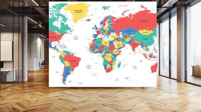 Detailed world map with borders, countries and cities Wall mural