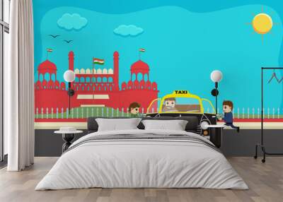 Cartoon Man and Woman Running to Hire Taxi Wall mural