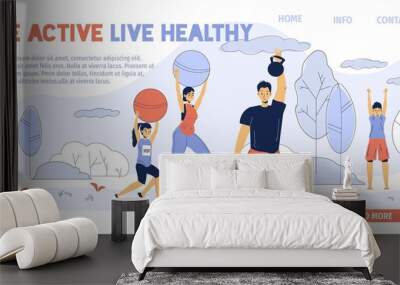 Happy family enjoy sport activity outdoor in natural park. Parent children exercising training breathing fresh air. Healthy lifestyle enjoyment. Be active inspiration quote design. Landing page layout Wall mural