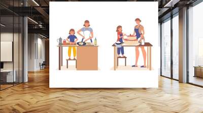 Mother daughter cooking in home kitchen set. Happy family homemade healthy food preparation. Daily life. Woman girl kneading dough, frying eggs, decorating cake, cutting vegetable for salad Wall mural