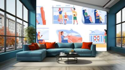 passenger inside, train, bus, subway, plane, car or cruise ship set. people using public city and to Wall mural