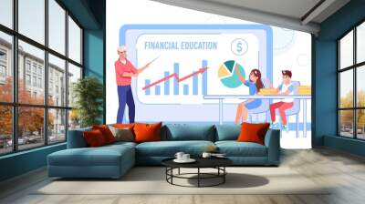 Vector cartoon flat family characters in home,online education class business course.Dad teaches kids personal budget finance management on computer app screen-web site banner ad concept Wall mural