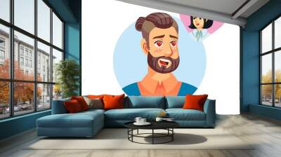 Vector flat cartoon young hipster man character head avatar,male face with loving expression emotion on empty background-fashion lifestyle,social media concept,web site banner ad design Wall mural