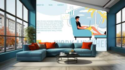 Work anywhere. Online modern communication technology. Man working on internet via laptop resting on tropical beach. Be connected everywhere. Freelance, social media. Landing page design layout Wall mural