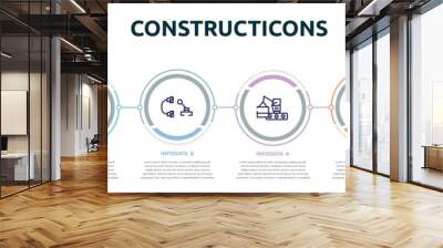 constructicons concept infographic design template. included crane holding construction panel, five meters ruler, hinery parts, derrick with boxes, wrench and screwdriver cross, angle ruler icons Wall mural