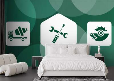 constructicons filled icon set isolated on abstract background. glyph icons such as derrick with box, cement truck, screwdriver and doble wrench, saw half cogwheel, angle ruler vector. can be used Wall mural