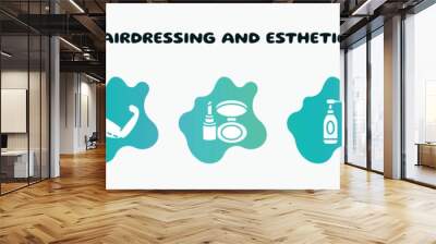 hairdressing and esthetics filled icons set. flat icons such as brachioplasty, make up kit, cleansing, calf, hairdresser chair icon collection. can be used web and mobile. Wall mural