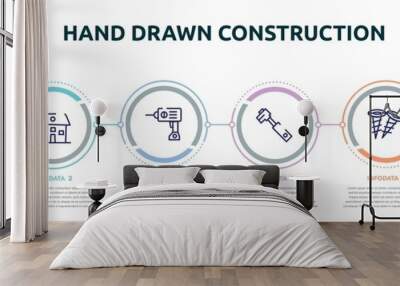 hand drawn construction concept infographic design template. included pin tool, house hand drawn building, hine drill, tool diagonal, two screws, blueprint hand drawn tool icons and 6 option or Wall mural