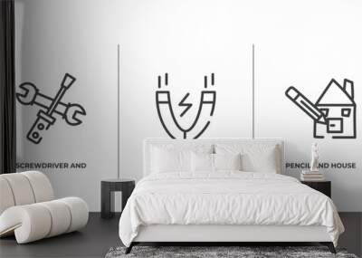 hand drawn construction outline icons set. thin line icons sheet included screwdriver and doble wrench, inclined magnet, pencil and house draw vector. Wall mural