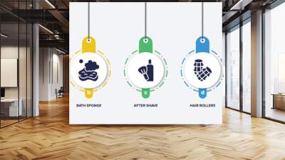 infographic element template with pretty filled icons such as anti aging cream, bath sponge, after shave, hair rollers, toothbrush and toothpaste vector. Wall mural