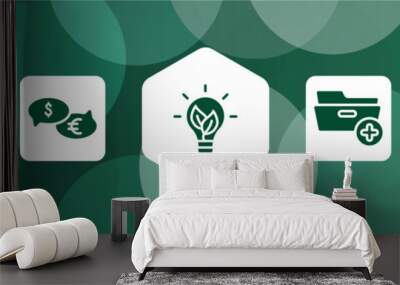 marketing and seo filled icon set isolated on abstract background. glyph icons such as two black folders, talking about money, eco lightbulb, folder with plus, seo strategy vector. can be used for Wall mural