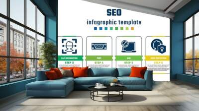 seo concept infographic design template. included webpage, solid state drive, face recognition, port, ban, user protection, vhs, backlink icons and 8 steps or options. Wall mural