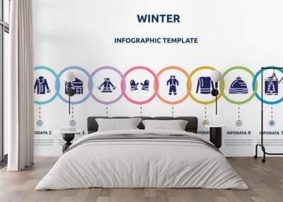 winter concept infographic design template. included snow globe, coat, winter cabin, fur coat, mittens, snowsuit, turtleneck sweater, winter cap, lights icons and 10 option or steps. Wall mural