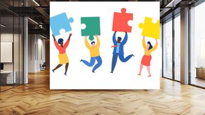 Concept of teamwork. People match puzzle elements Wall mural