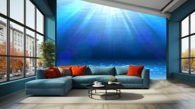 Abstract blue underwater background with light rays, vector illustration Wall mural